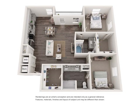 Floor plan for 2 beds, 2 baths, 1290 sqft